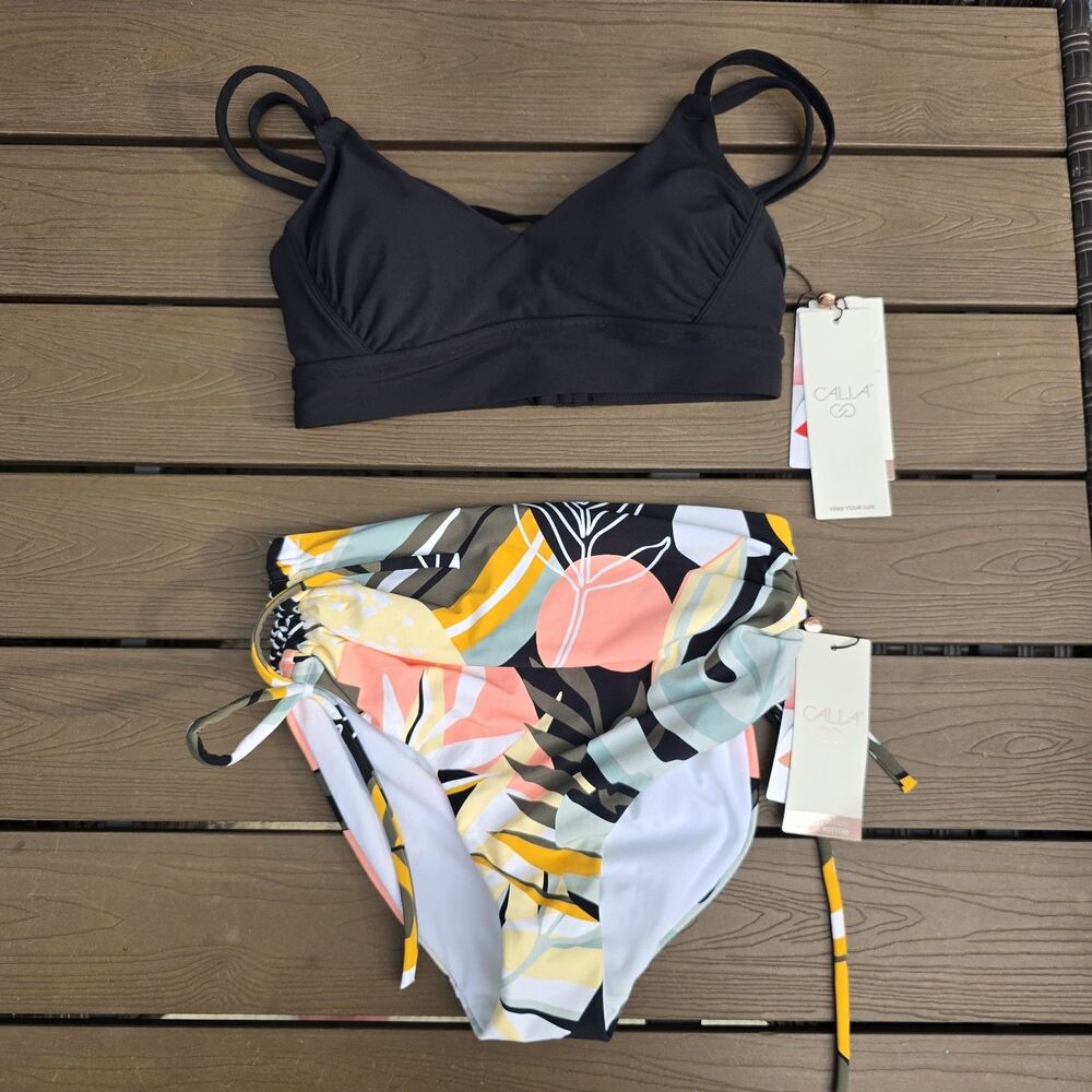 CALIA Womens Black Rouched Strappy Back Top & Rouched Side Tie Bikini Sz XS New